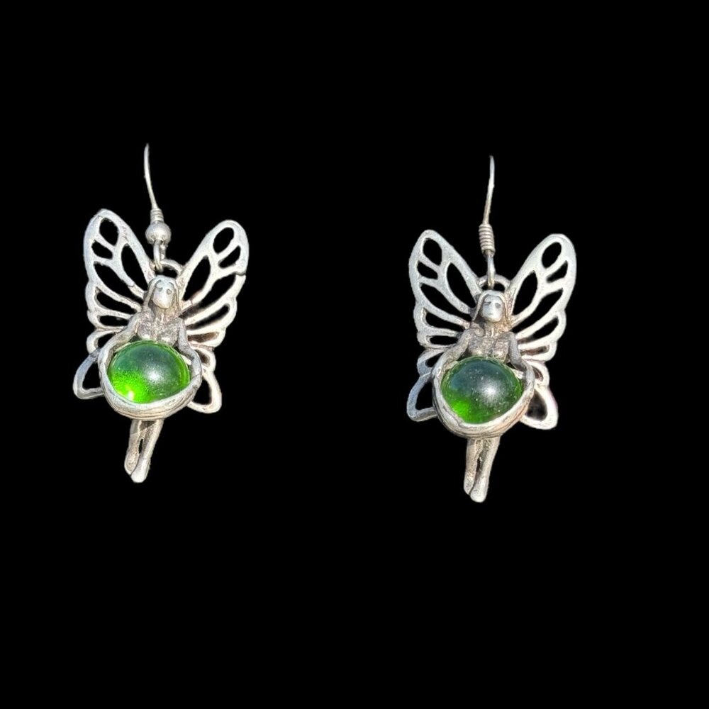 Fairy-Inspired 925 Silver Dangle Earrings Green Glass Orb & Intricate Wing Desig